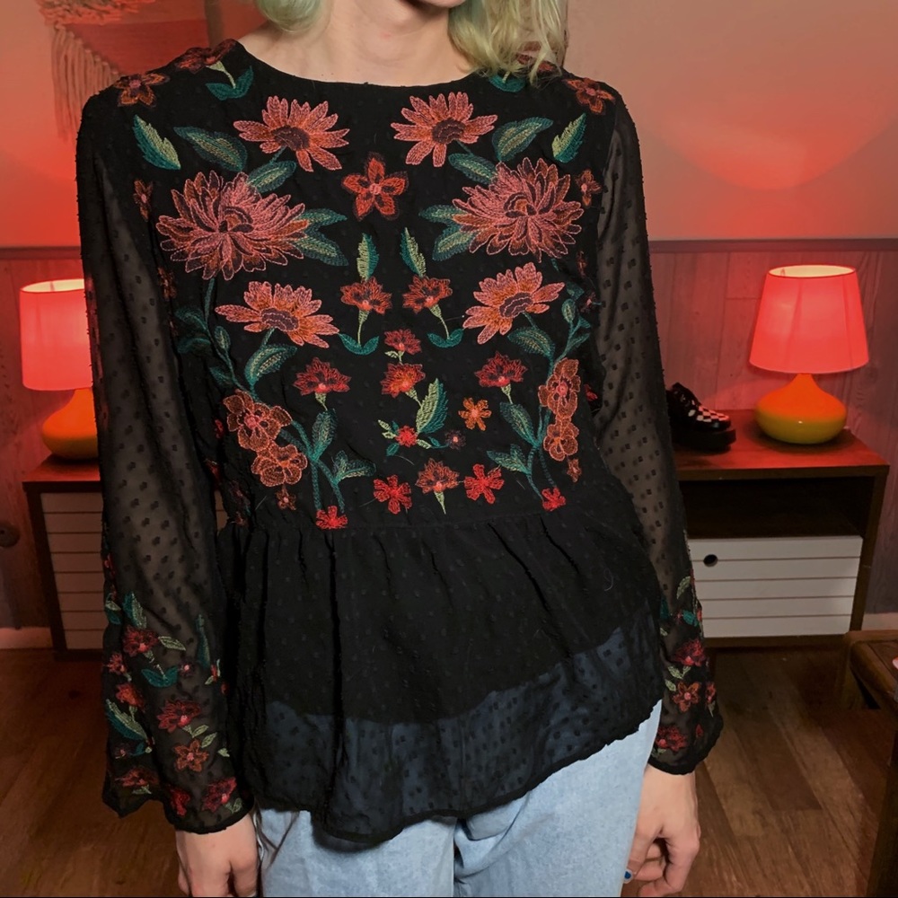 Black long sleeve embroidered blouse